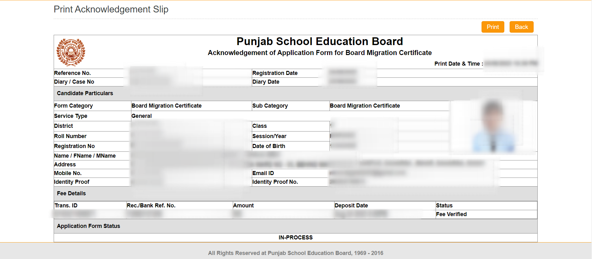print acknowledgement slip for pseb migration certificate online
